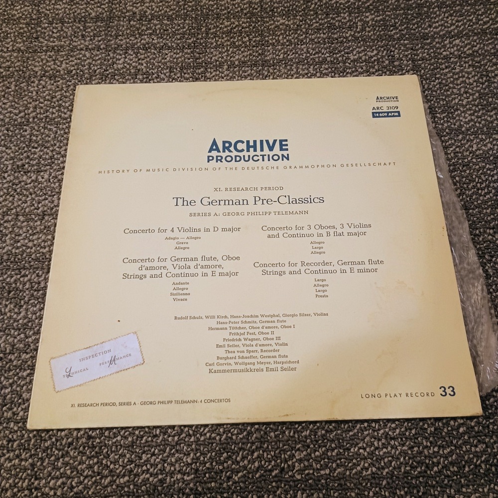 Georg Philipp Telemann 4 Concertos Archive Production Vinyl LP ARC 3109 APM